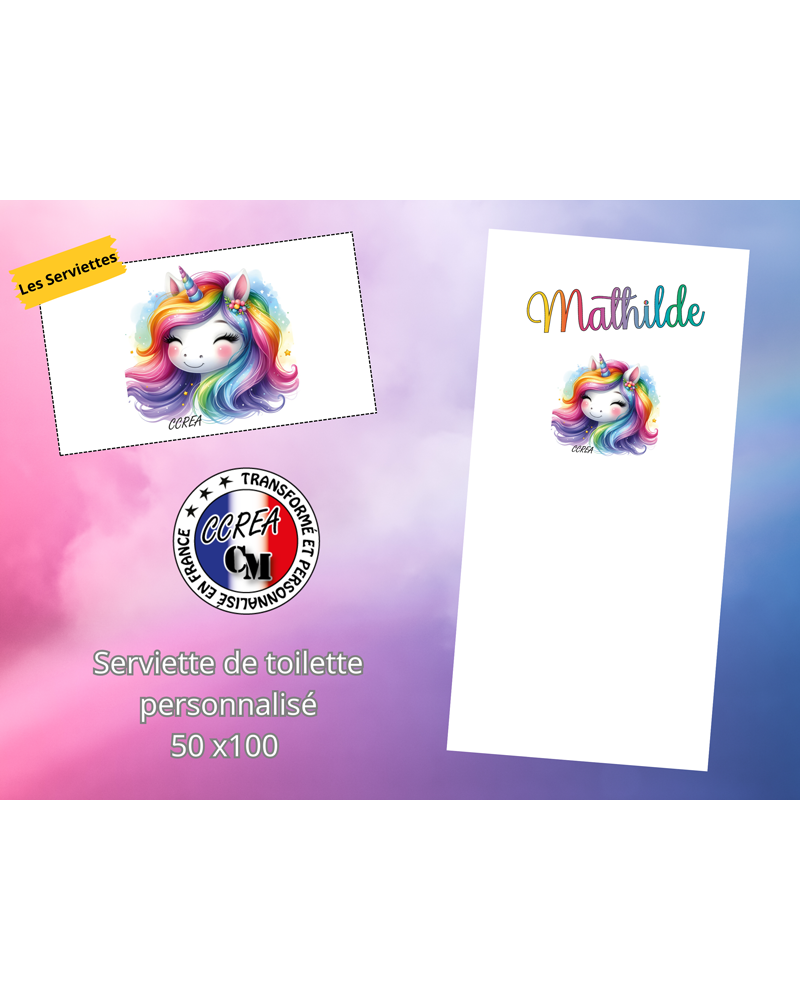 Serviette de toilettes personnalisée Enfant modèle Licorne