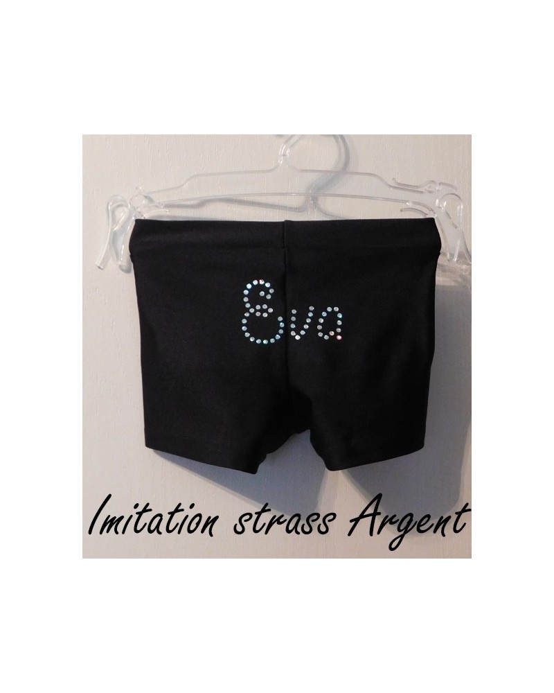 Short noir avec Prénom en Imitation Strass Argent